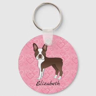 Llavero Perro Boston Terrier Marrón Sobre Corazones Rosas
