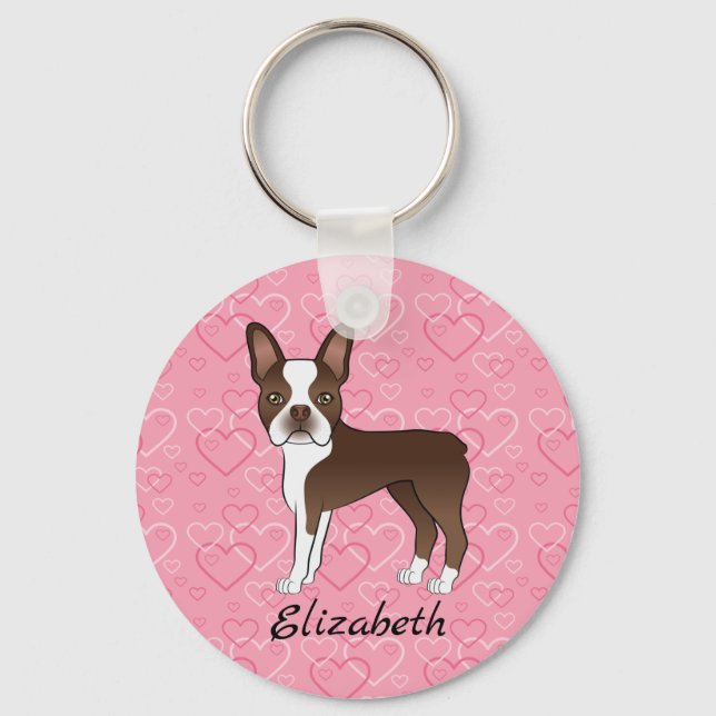 Llavero Perro Boston Terrier Marrón Sobre Corazones Rosas  (Anverso)