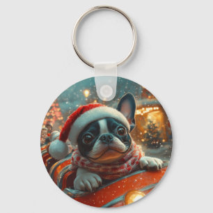 Llavero Perro Boston Terrier Montaña Rusa Navidad