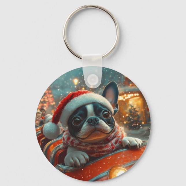 Llavero Perro Boston Terrier Montaña Rusa Navidad (Anverso)