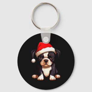 Llavero Perro Boston Terrier Navidad Sombrero de Santa Fun
