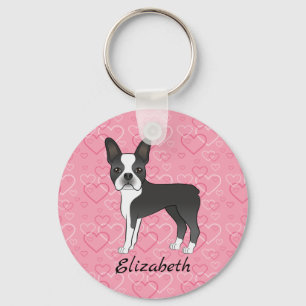 Llavero Perro Boston Terrier Negro Sobre Corazones Rosas Y