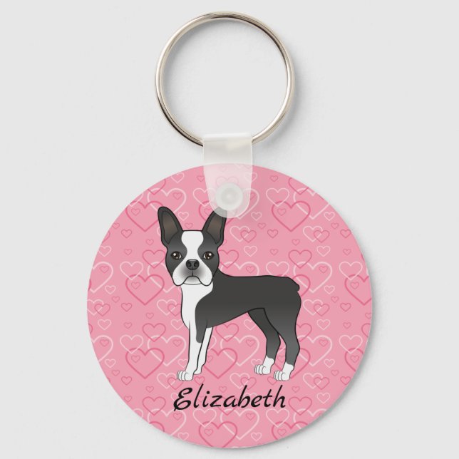 Llavero Perro Boston Terrier Negro Sobre Corazones Rosas Y (Anverso)