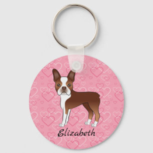 Llavero Perro Boston Terrier Rojo Sobre Corazones Rosas Y 