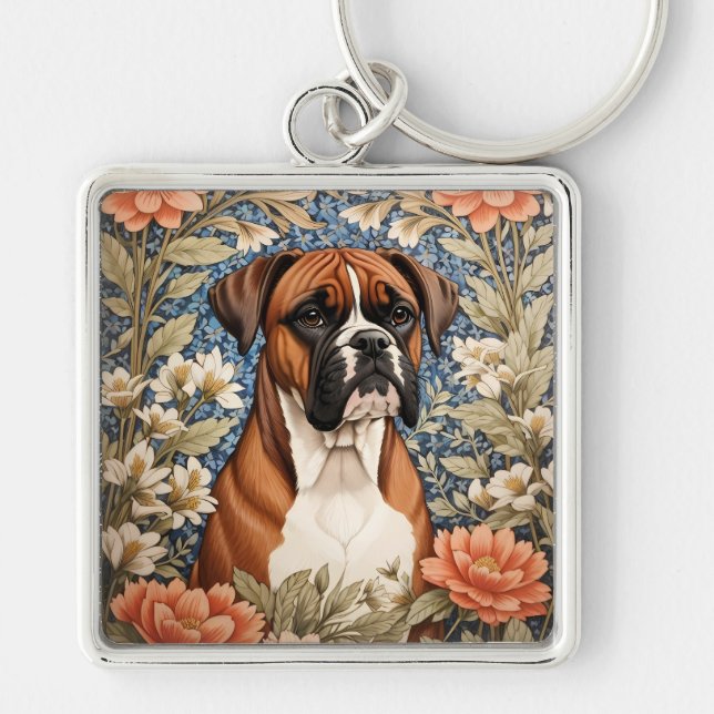 Llavero Perro Boxer Elegante Inspirado en William Morris  (Frente)