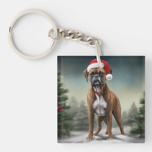 Llavero Perro Boxer en Navidad con Nieve  (Frente)