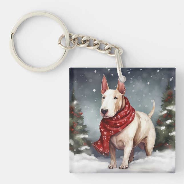 Llavero Perro Bull Terrier en Navidad con nieve (Frente)