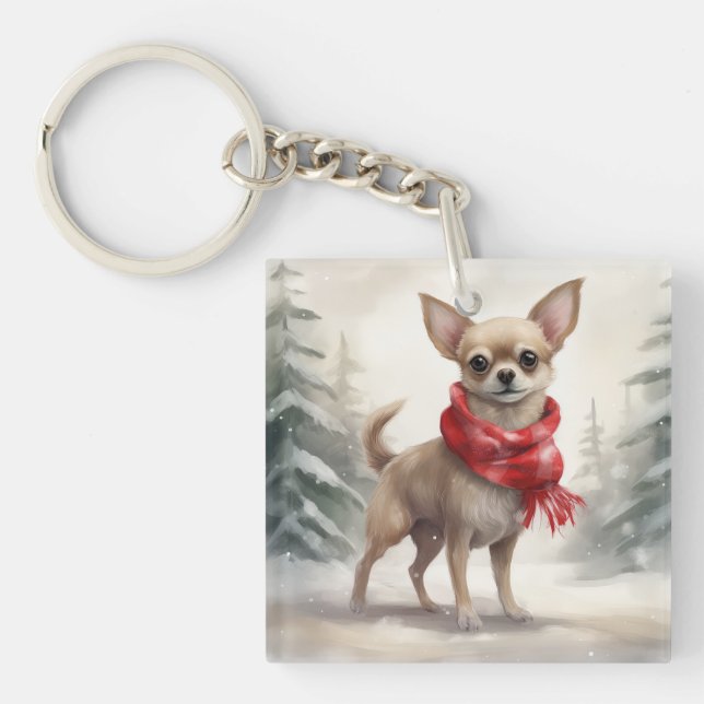 Llavero Perro chihuahua en Navidades de nieve (Frente)