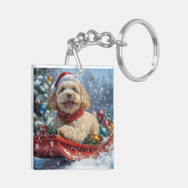 Llavero Perro Cockapoo en Trineo Deja que Nieve Navidad (Izquierda Bajo)
