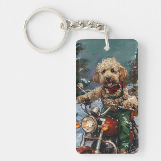 Llavero Perro Cockapoo montando motocicleta en Navidad (Frente)
