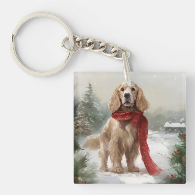 Llavero Perro Cocker Spaniel en la nieve Navidad (Frente)