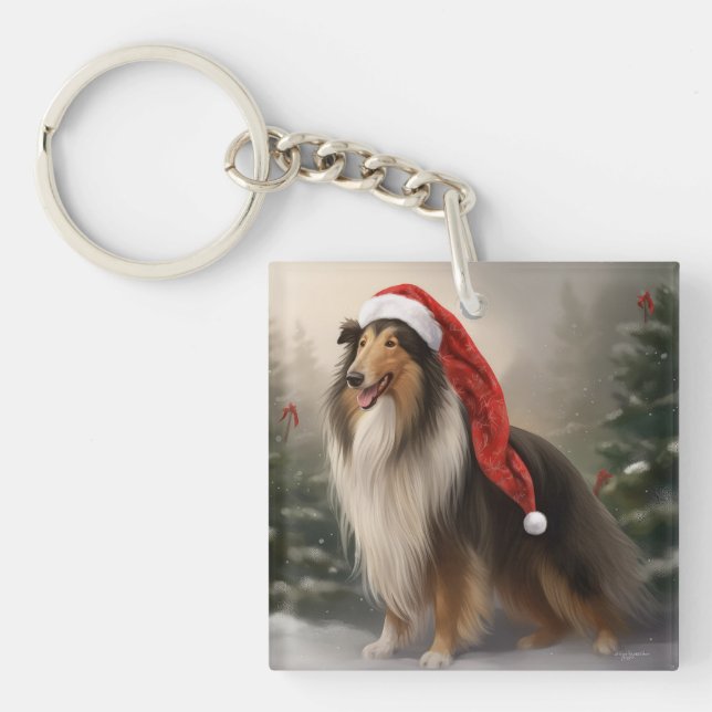 Llavero Perro Collie Áspero en Navidad con Nieve (Frente)