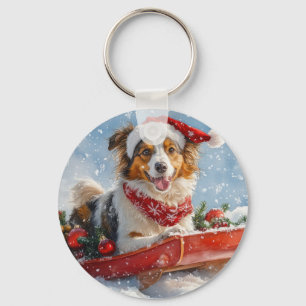 Llavero Perro Collie Áspero en Trineo Deja que Nieve Navid