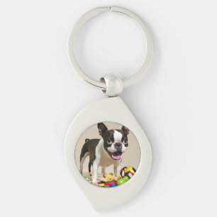 Llavero Perro de Boston Terrier jugando con juguetes
