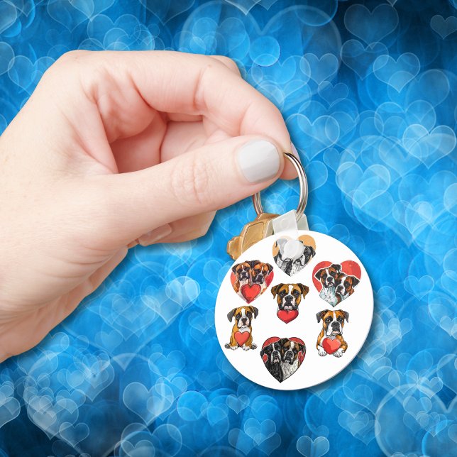 Llavero Perro de Boxer Adorable con Acuarela del Corazón R (Adorable Boxer Dog with Red Heart Watercolor Keychain)