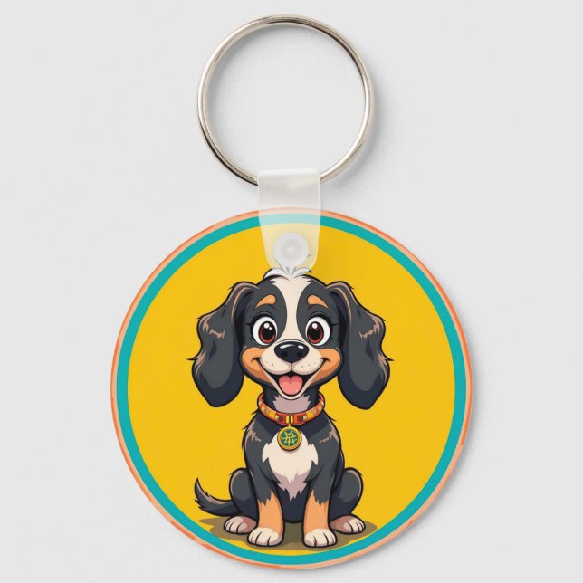 Llavero Perro de caricatura feliz en un marco circular col (Anverso)