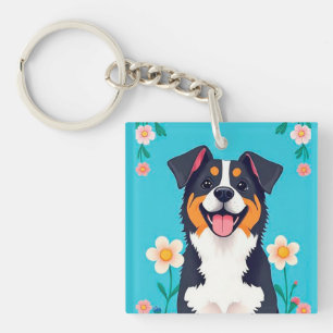 Llavero Perro de caricatura rodeado de flores