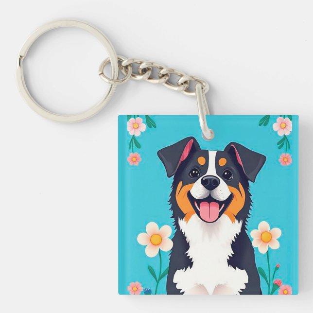 Llavero Perro de caricatura rodeado de flores (Frente)