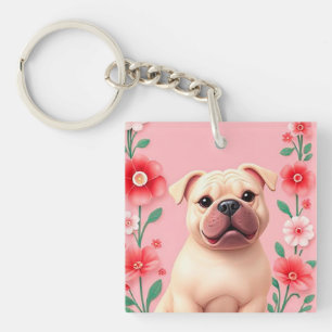Llavero Perro de Dibujos Animados Rodeado de Flores