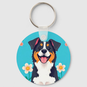 Llavero Perro de Dibujos Animados Rodeado de Flores