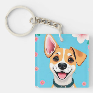 Llavero Perro de dibujos animados sonriente rodeado de flo
