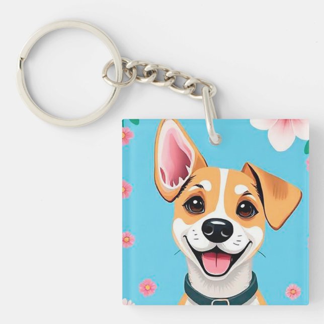 Llavero Perro de dibujos animados sonriente rodeado de flo (Frente)