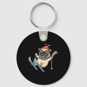 Llavero Perro de esquí Pug de invierno en las pistas diver