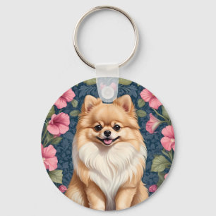Llavero Perro De Pomerania Con Petunias De Color Rosa