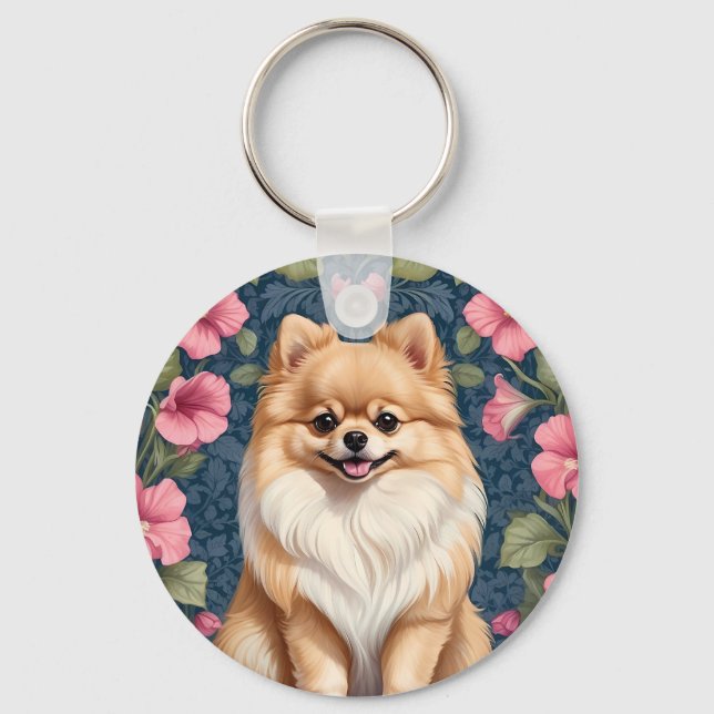 Llavero Perro De Pomerania Con Petunias De Color Rosa (Anverso)