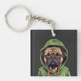 Llavero Perro de Pug con capucha verde