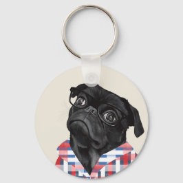 Llavero Perro De Pug Negro Con Gafas Y Chequera