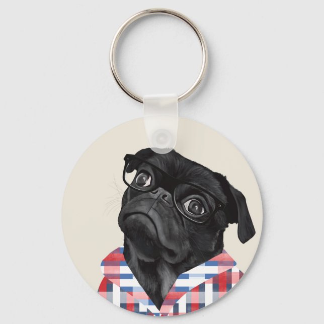 Llavero Perro De Pug Negro Con Gafas Y Chequera (Anverso)