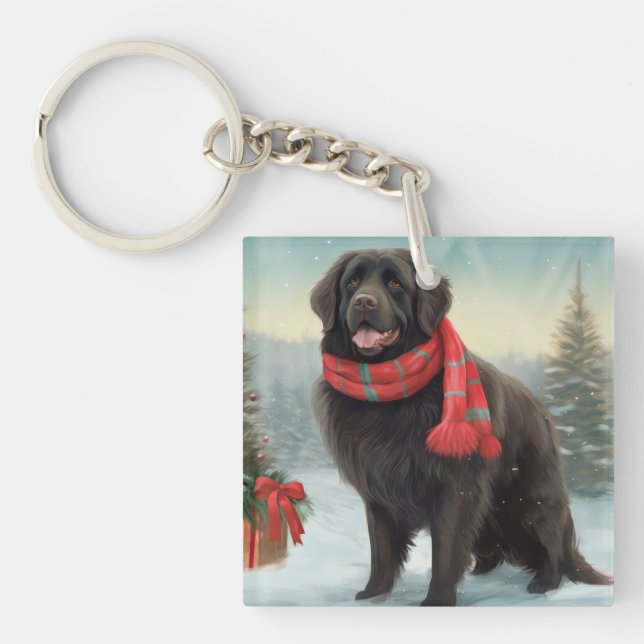 Llavero Perro de Terranova en Navidades de nieve (Frente)