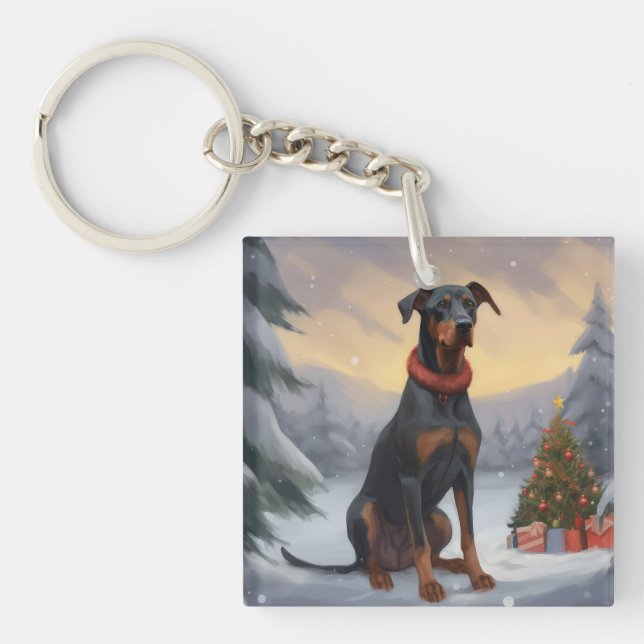 Llavero Perro Doberman en Navidades de nieve (Frente)