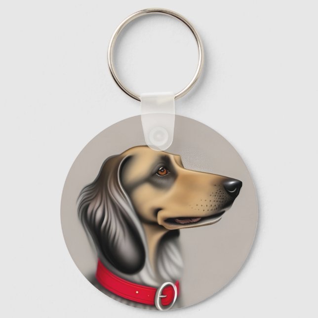 Llavero Perro elegante con collar rojo posado a los lados (Anverso)