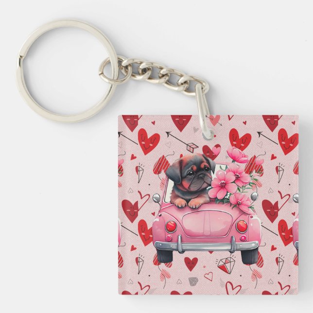 Llavero Perro en un auto con corazones (Frente)