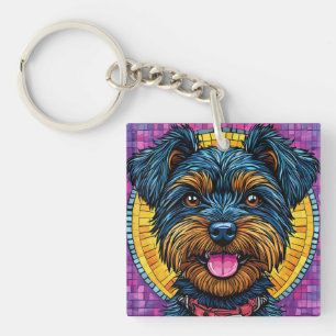 Llavero Perro feliz Yorkshire Terrier en estilo mosaico