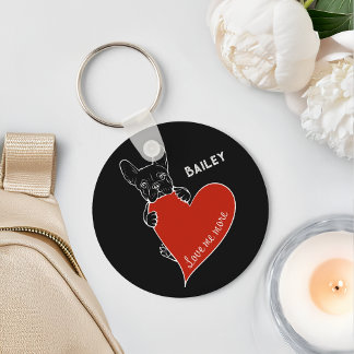 Llavero Perro francés lindo personalizado con corazón rojo