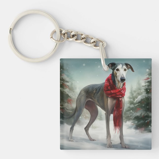 Llavero Perro galgo en Navidad con nieve  (Frente)
