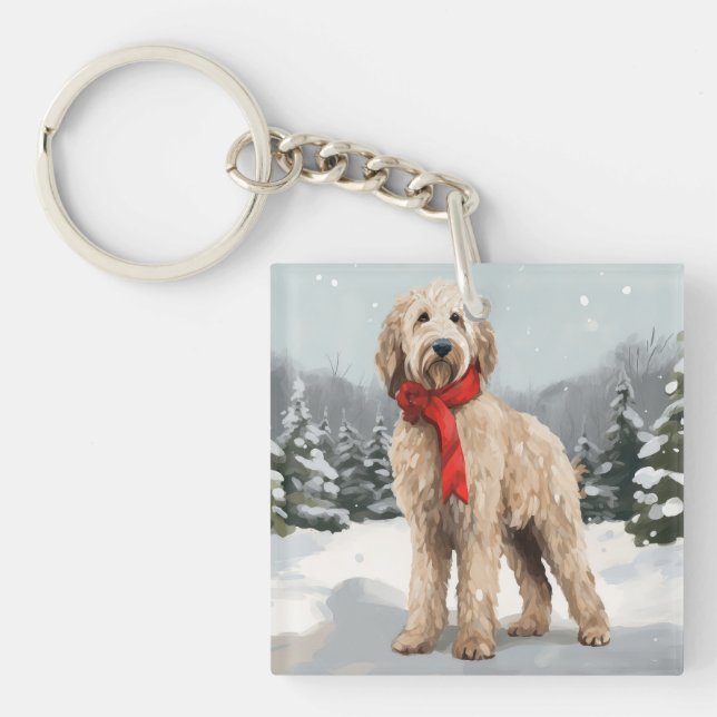 Llavero Perro Goldendoodle en Navidad con nieve (Frente)