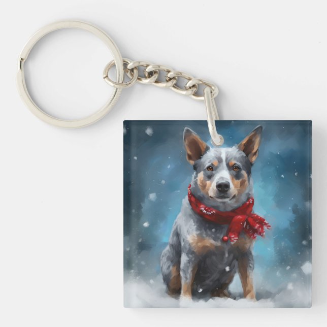 Llavero Perro Heeler Azul en Navidades de Nieve (Frente)