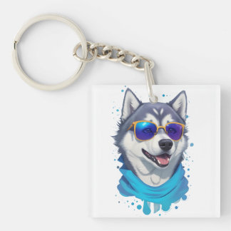 Llavero Perro Husky con vidrios de sol en salpicaduras lúg