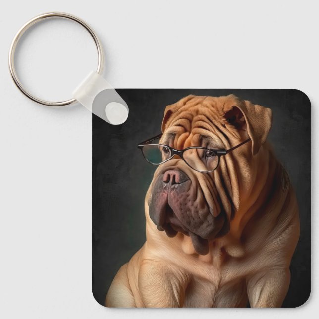 Llavero Perro inteligente Shar Pei con diseño de libros (Anverso)
