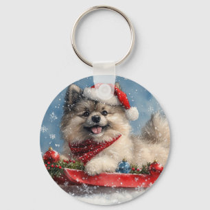 Llavero Perro Keeshond en Trineo Deja que Nieve Navidad