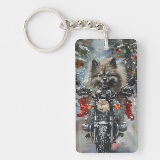 Llavero Perro Keeshond montando motocicleta Navidad (Frente)