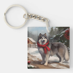 Llavero Perro Malamute de Alaska en Navidad con nieve