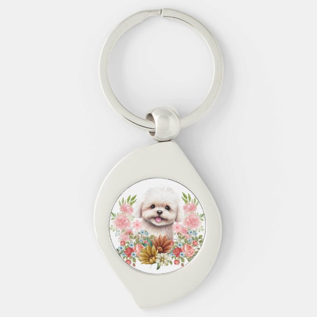 Llavero Perro maltés con flores, cachorro maltés dulce (Anverso)