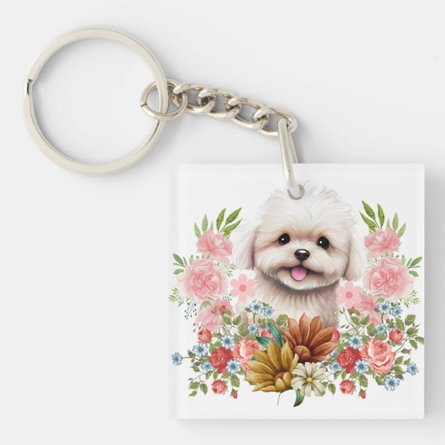 Llavero Perro maltés con flores, cachorro maltés dulce (Frente)