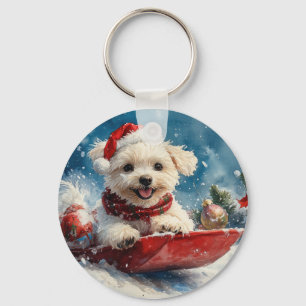 Llavero Perro maltés con manchas deja que nieve Navidades