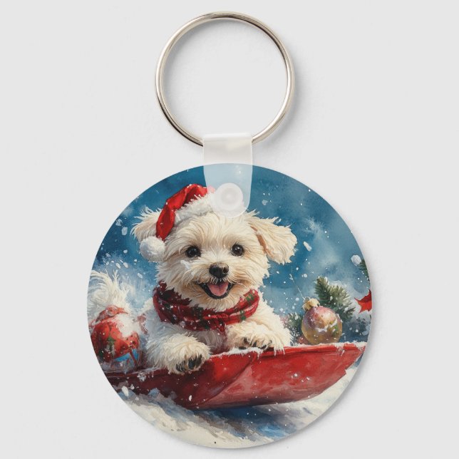 Llavero Perro maltés con manchas deja que nieve Navidades (Anverso)